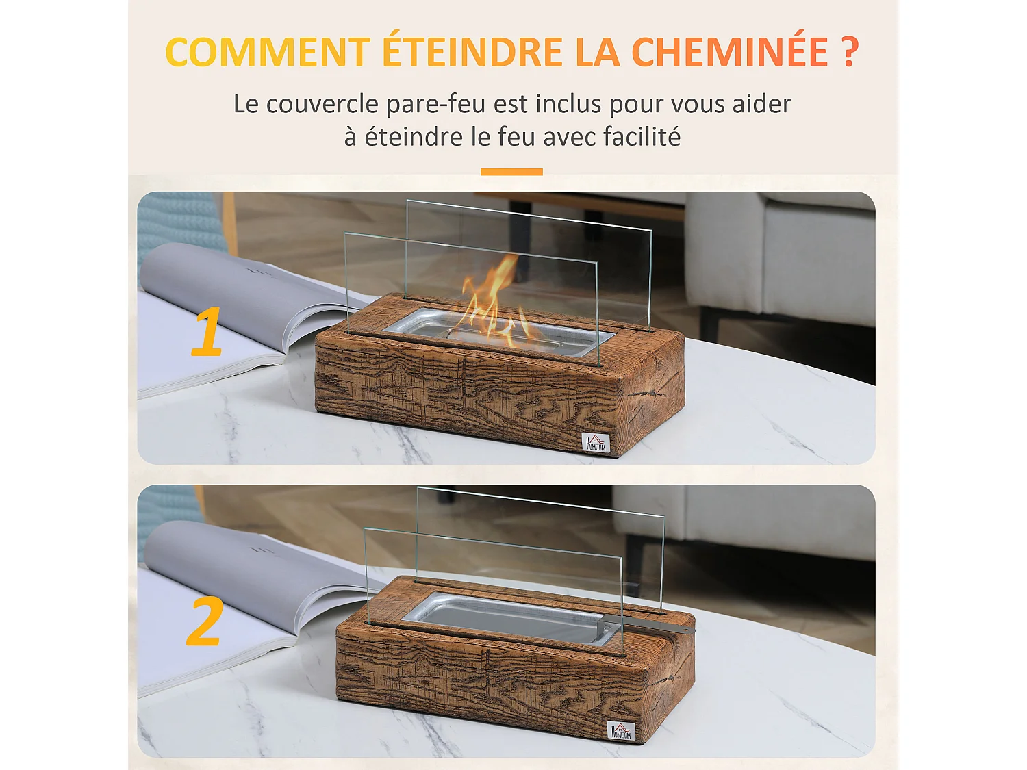 Cheminée portable à poser bioéthanol avec réservoir 0,15 L couverture 18 m² - design bûche de bois - dim. 33L x 16l x 18H cm