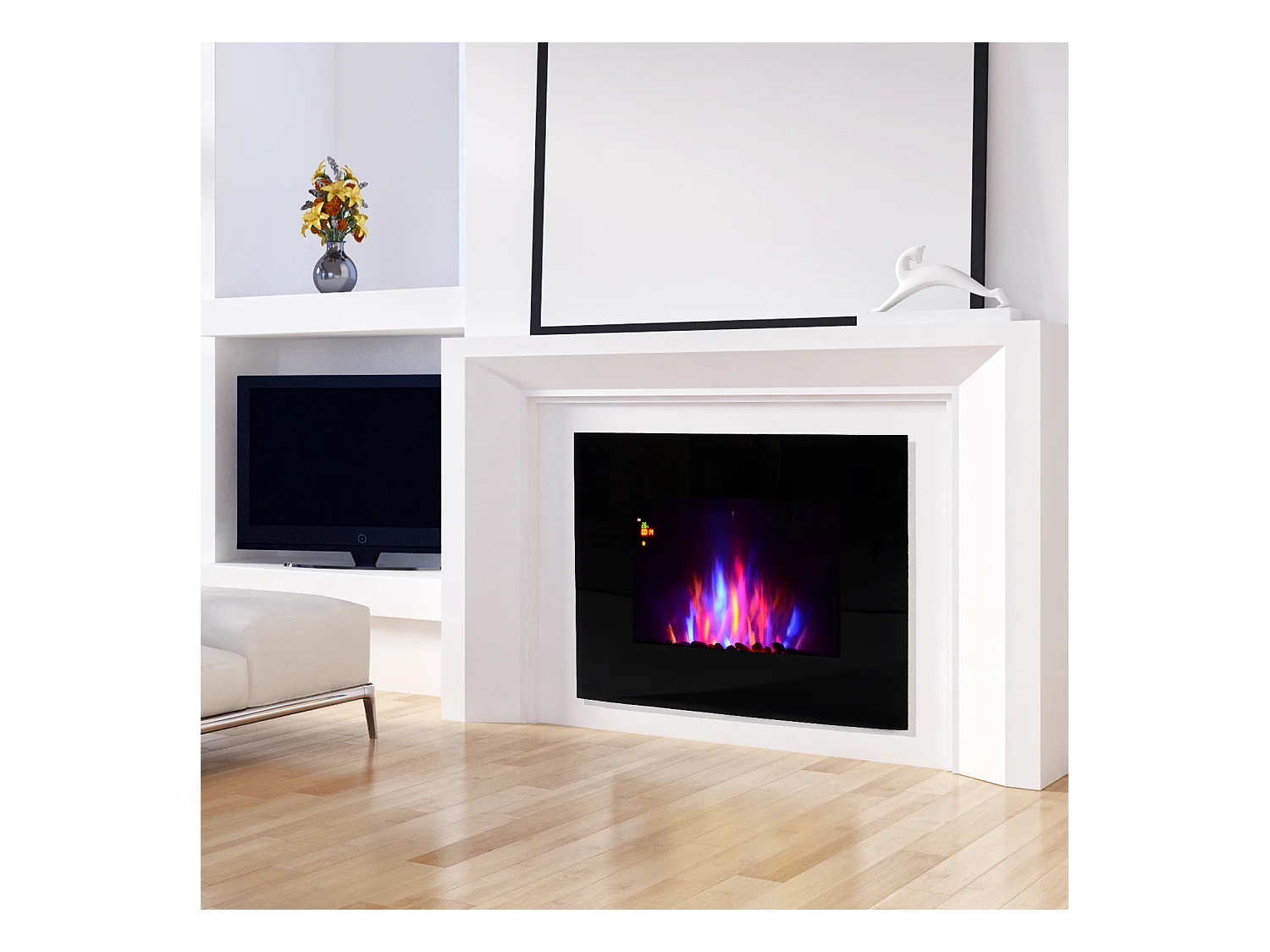 Cheminée électrique murale LED 7 effets flammes + 7 couleurs ambiance + galets télécommande thermostat 1000-2000 W minuterie noir