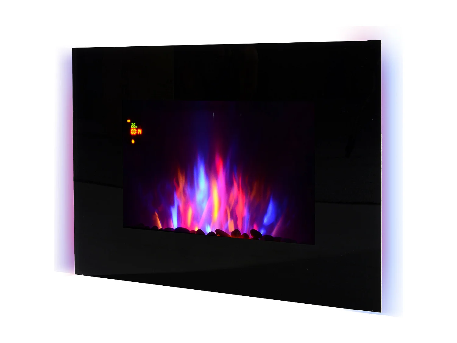 Cheminée électrique murale LED 7 effets flammes + 7 couleurs ambiance + galets télécommande thermostat 1000-2000 W minuterie noir