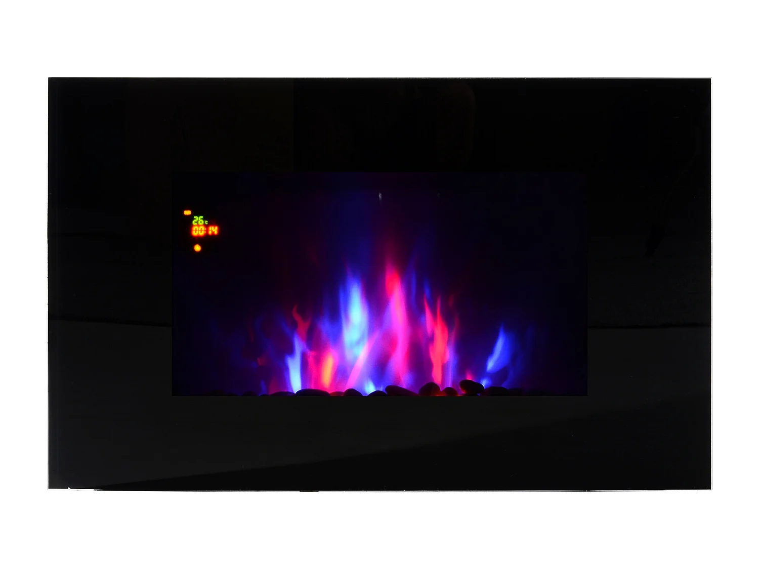 Cheminée électrique murale LED 7 effets flammes + 7 couleurs ambiance + galets télécommande thermostat 1000-2000 W minuterie noir