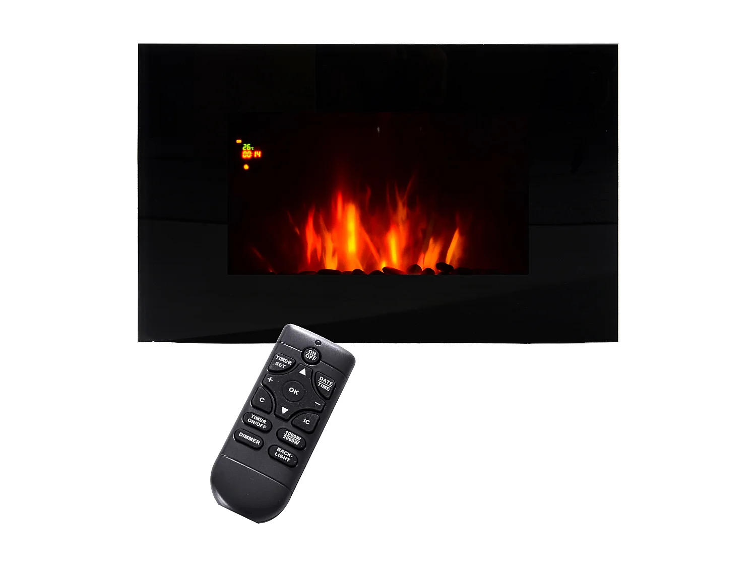 Cheminée électrique murale LED 7 effets flammes + 7 couleurs ambiance + galets télécommande thermostat 1000-2000 W minuterie noir