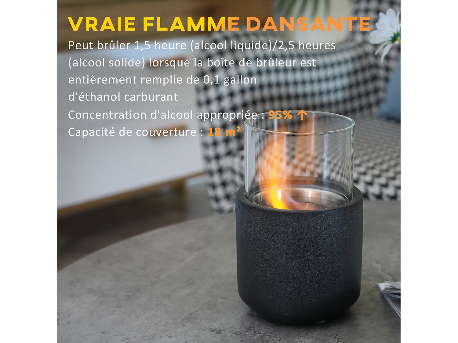 Cheminée portable à poser bioéthanol avec réservoir 0,4 L couverture 18 m² - design vase - dim. 12L x 12l x 19H cm