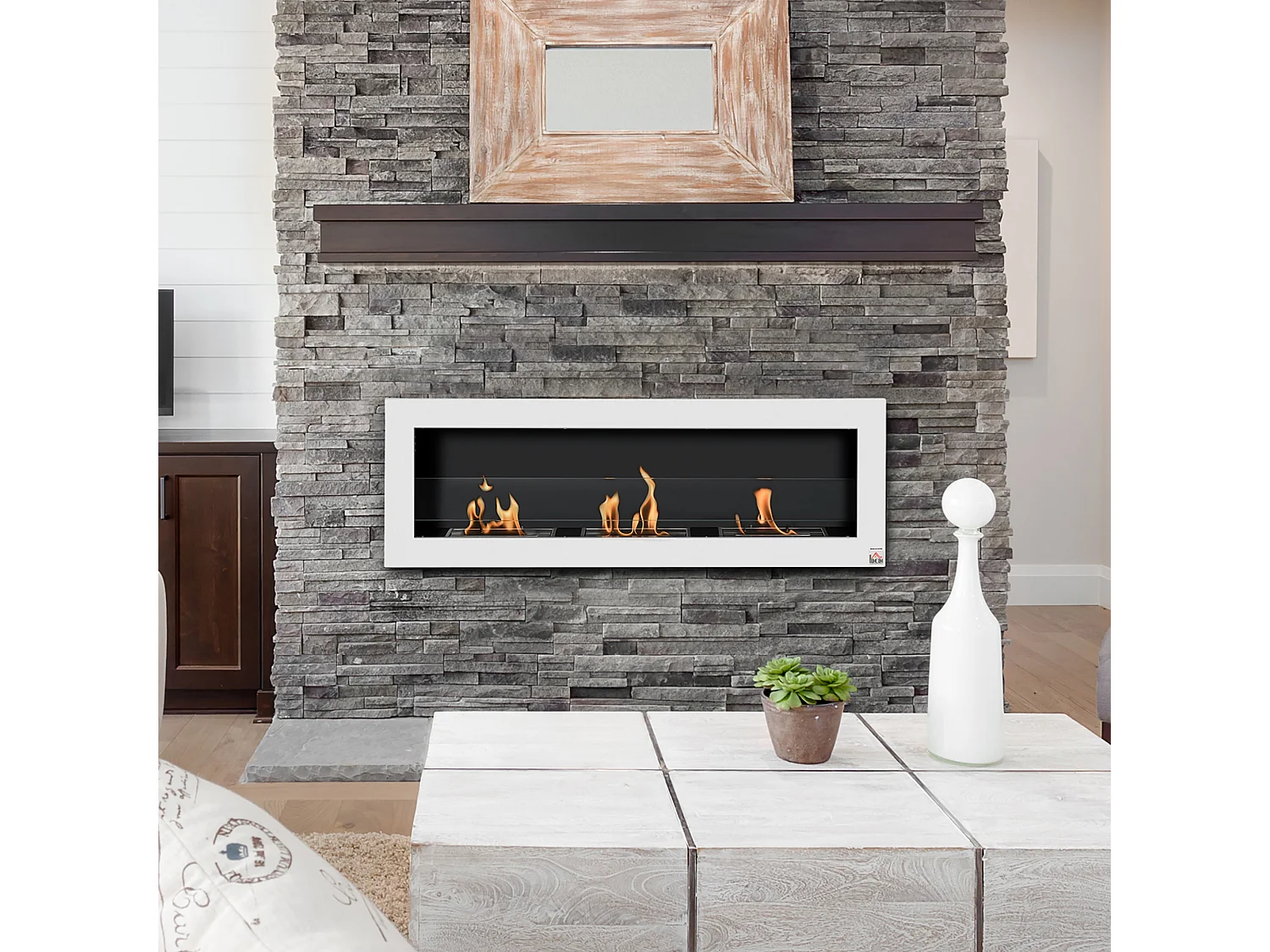 Cheminée bioéthanol murale design Bauhaus - triple brûleur 1 L - pare-feu verre trempé, kit fixation inclus - acier inox. acier dépoli blanc