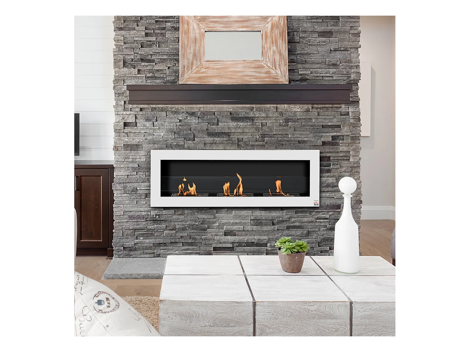 Cheminée bioéthanol murale design Bauhaus - triple brûleur 1 L - pare-feu verre trempé, kit fixation inclus - acier inox. acier dépoli blanc