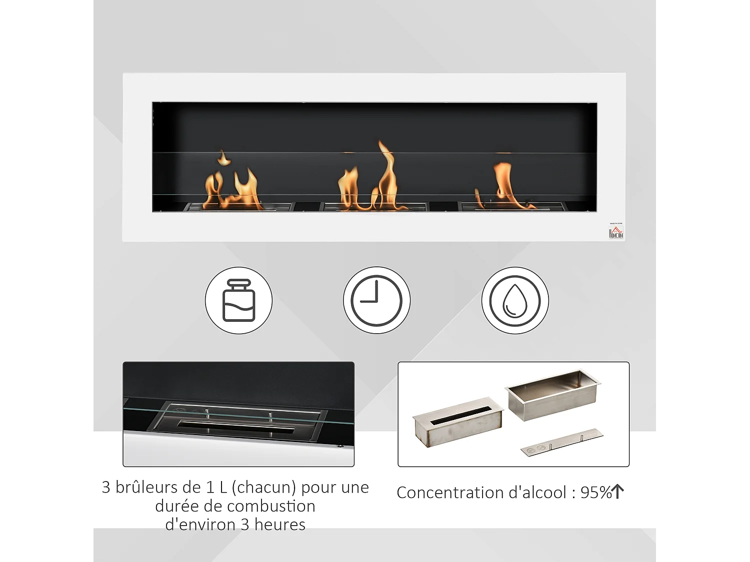 Cheminée bioéthanol murale design Bauhaus - triple brûleur 1 L - pare-feu verre trempé, kit fixation inclus - acier inox. acier dépoli blanc