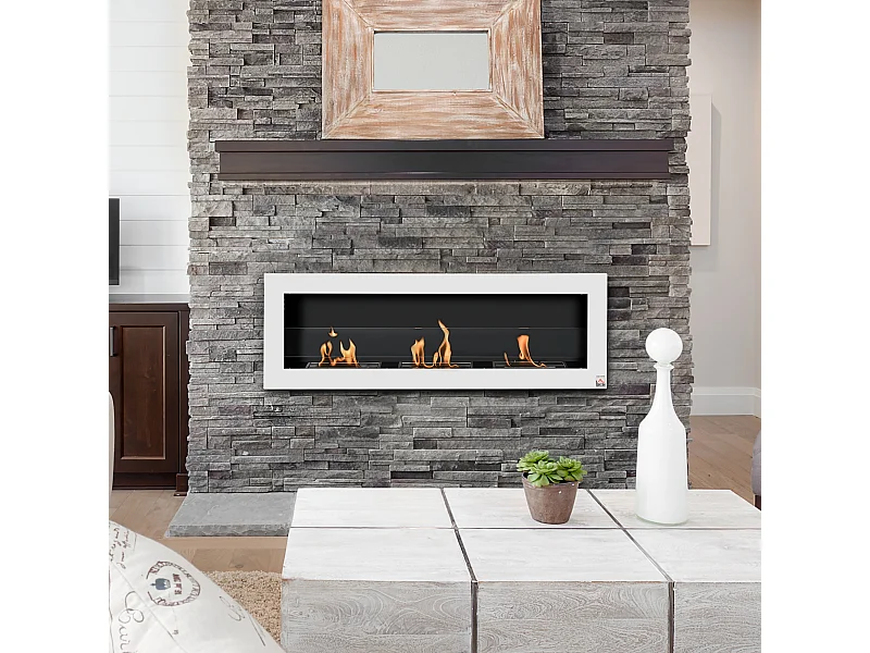 Cheminée bioéthanol murale design Bauhaus - triple brûleur 1 L - pare-feu verre trempé, kit fixation inclus - acier inox. acier dépoli blanc