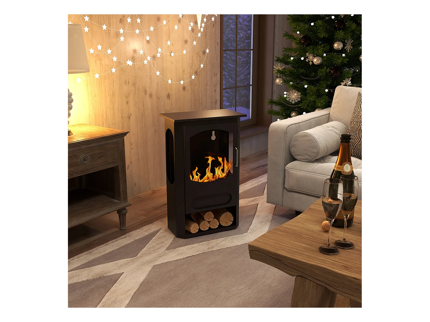 Cheminée bioéthanol design contemporain - range bûches - brûleur 1,2 L - contrôle de flamme et manche inclus - acier noir