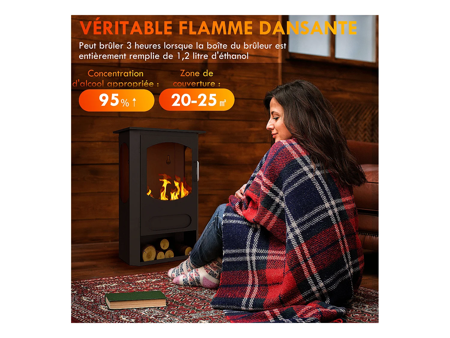 Cheminée bioéthanol design contemporain - range bûches - brûleur 1,2 L - contrôle de flamme et manche inclus - acier noir