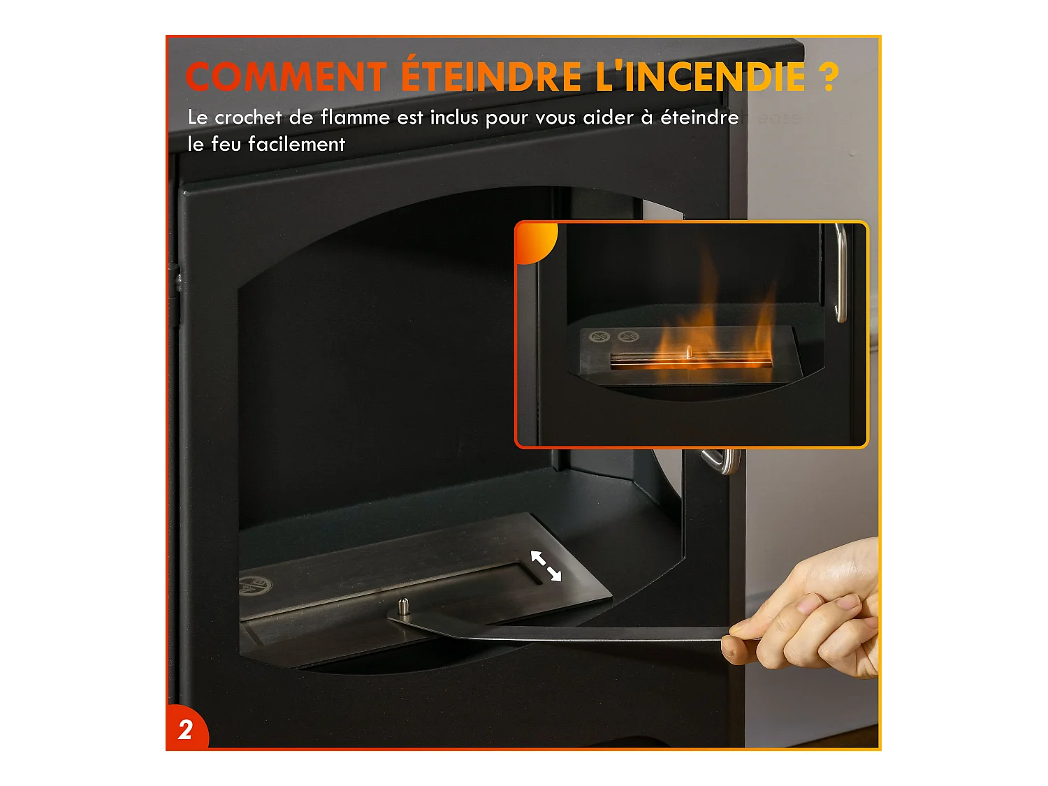 Cheminée bioéthanol design contemporain - range bûches - brûleur 1,2 L - contrôle de flamme et manche inclus - acier noir