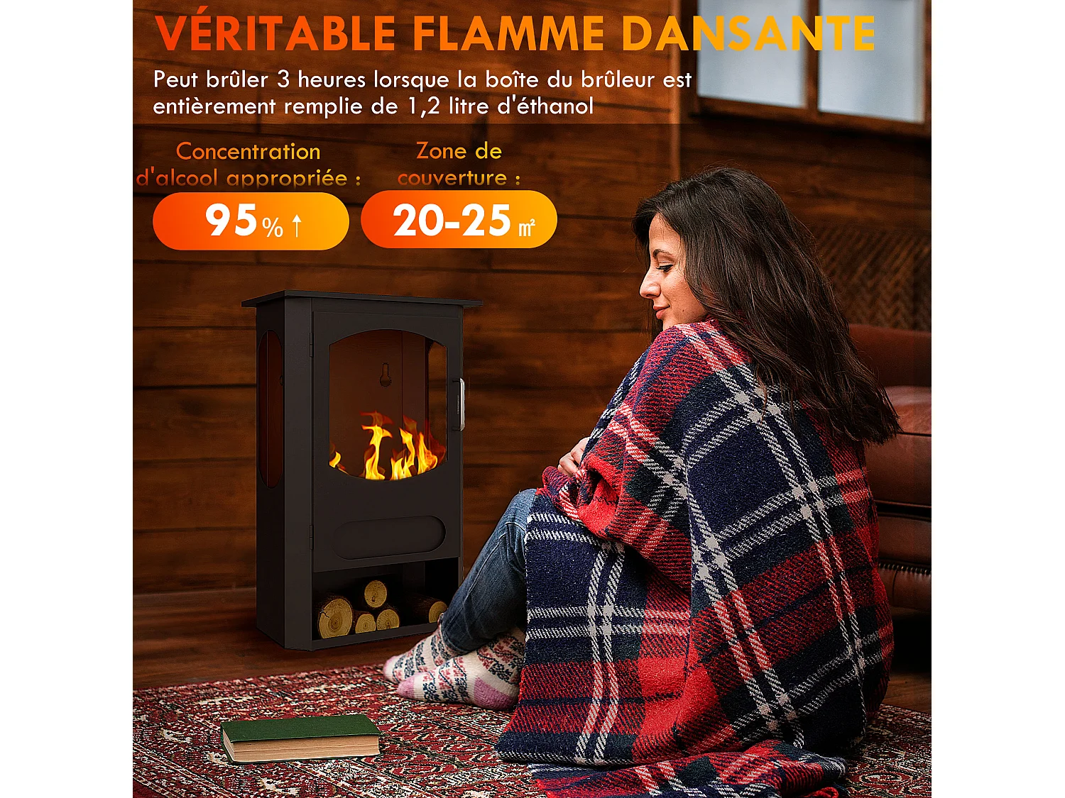 Cheminée bioéthanol design contemporain - range bûches - brûleur 1,2 L - contrôle de flamme et manche inclus - acier noir