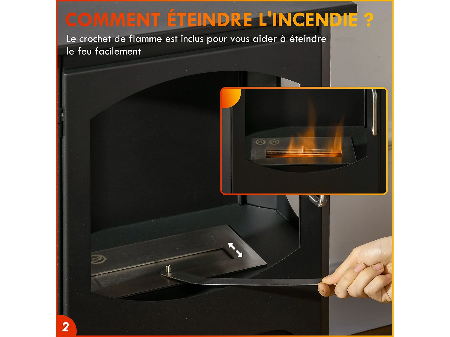 Cheminée bioéthanol design contemporain - range bûches - brûleur 1,2 L - contrôle de flamme et manche inclus - acier noir