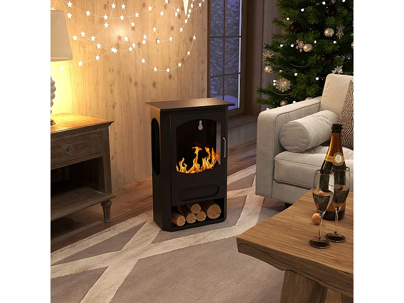 Cheminée bioéthanol design contemporain - range bûches - brûleur 1,2 L - contrôle de flamme et manche inclus - acier noir