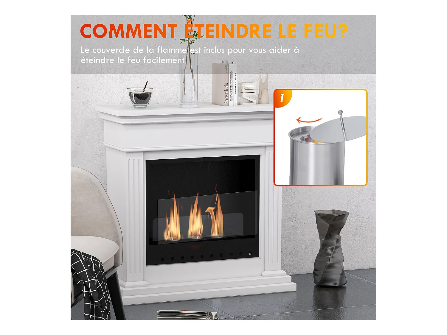 Cheminée à l'éthanol bioéthanol 3 brûleurs 0,4L - couverture 16-18 ? - autonomie environ 2h - blanc