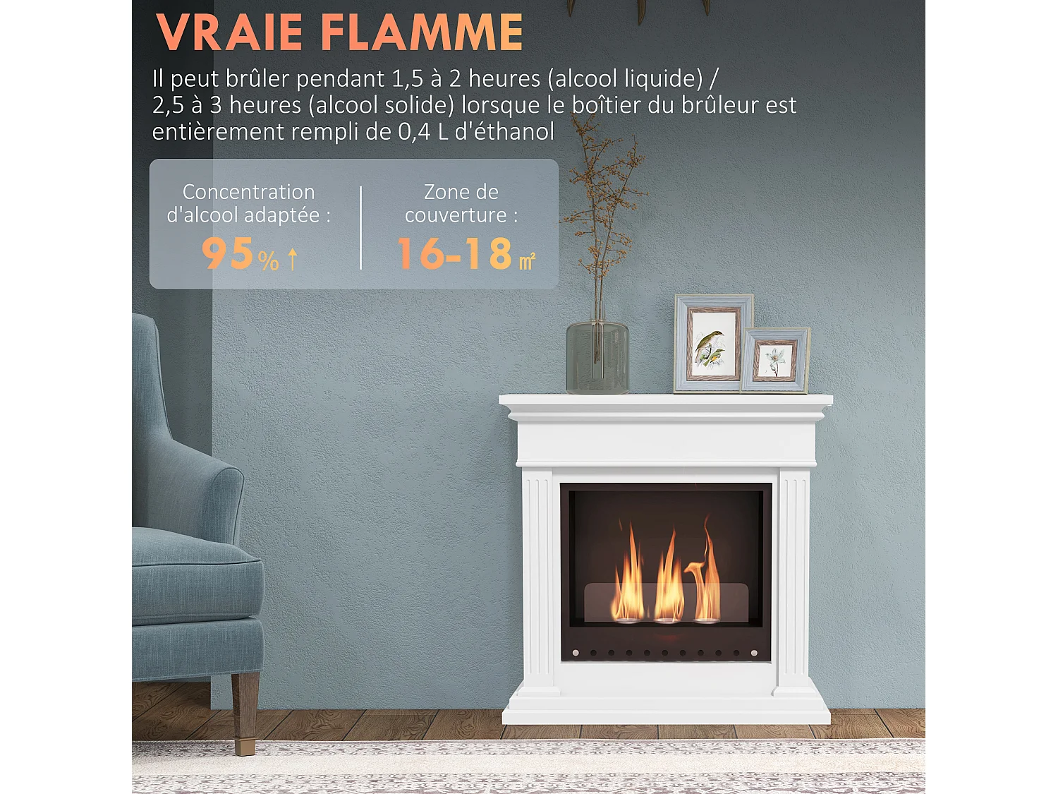 Cheminée à l'éthanol bioéthanol 3 brûleurs 0,4L - couverture 16-18 ? - autonomie environ 2h - blanc