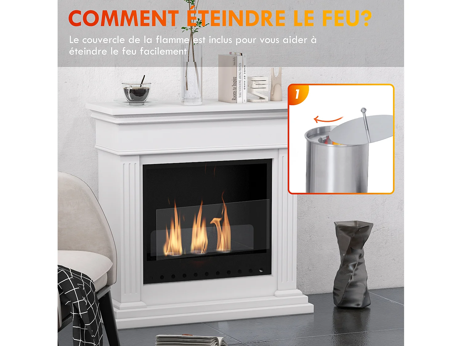 Cheminée à l'éthanol bioéthanol 3 brûleurs 0,4L - couverture 16-18 ? - autonomie environ 2h - blanc