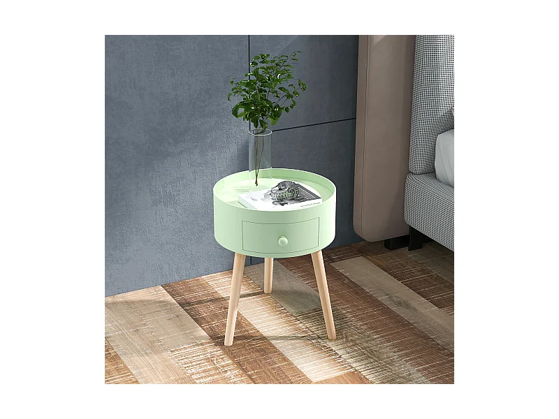 Chevet table de nuit ronde design scandinave tiroir bicolore pieds effilés inclinés bois massif chêne clair vert