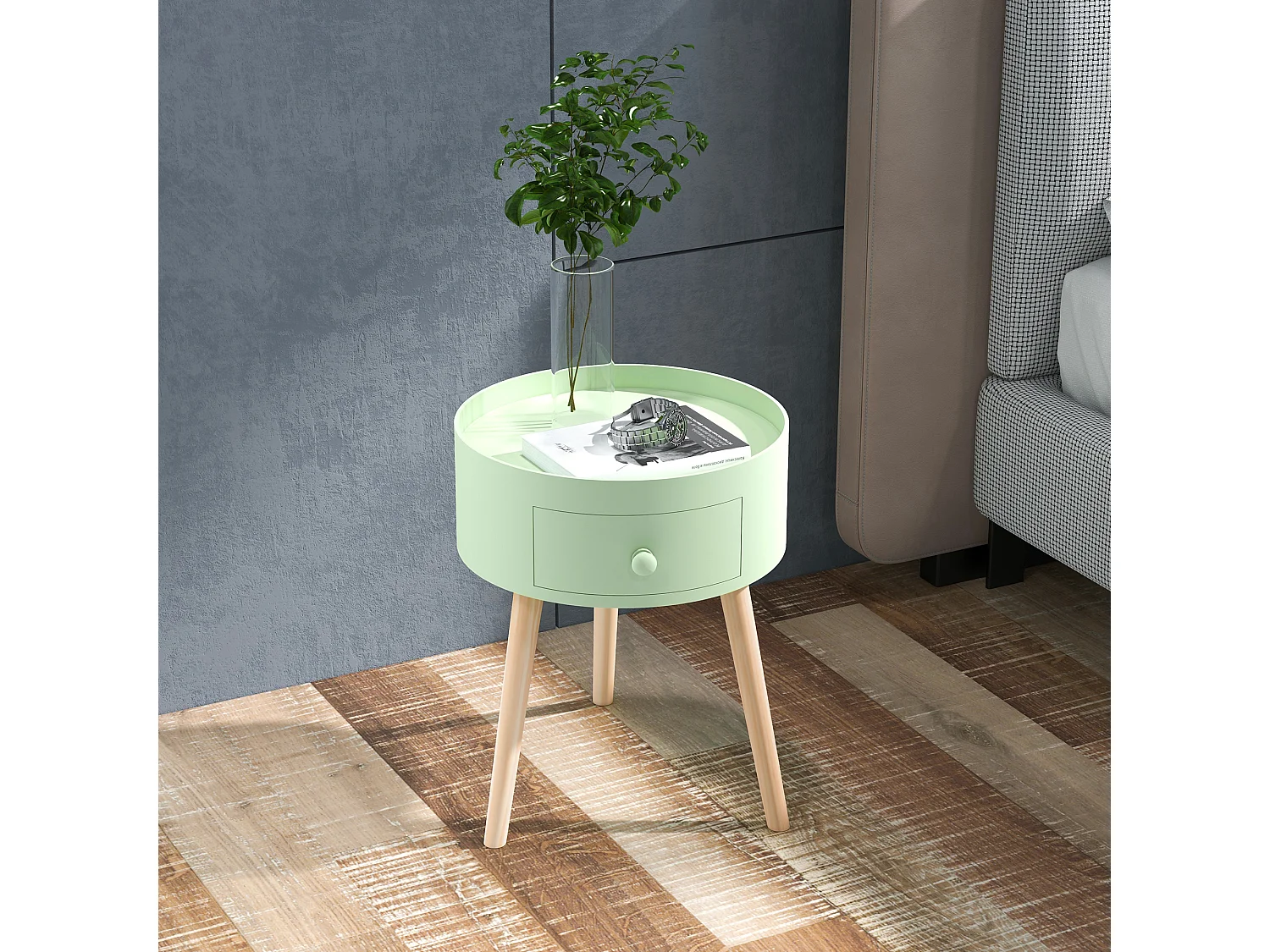 Chevet table de nuit ronde design scandinave tiroir bicolore pieds effilés inclinés bois massif chêne clair vert
