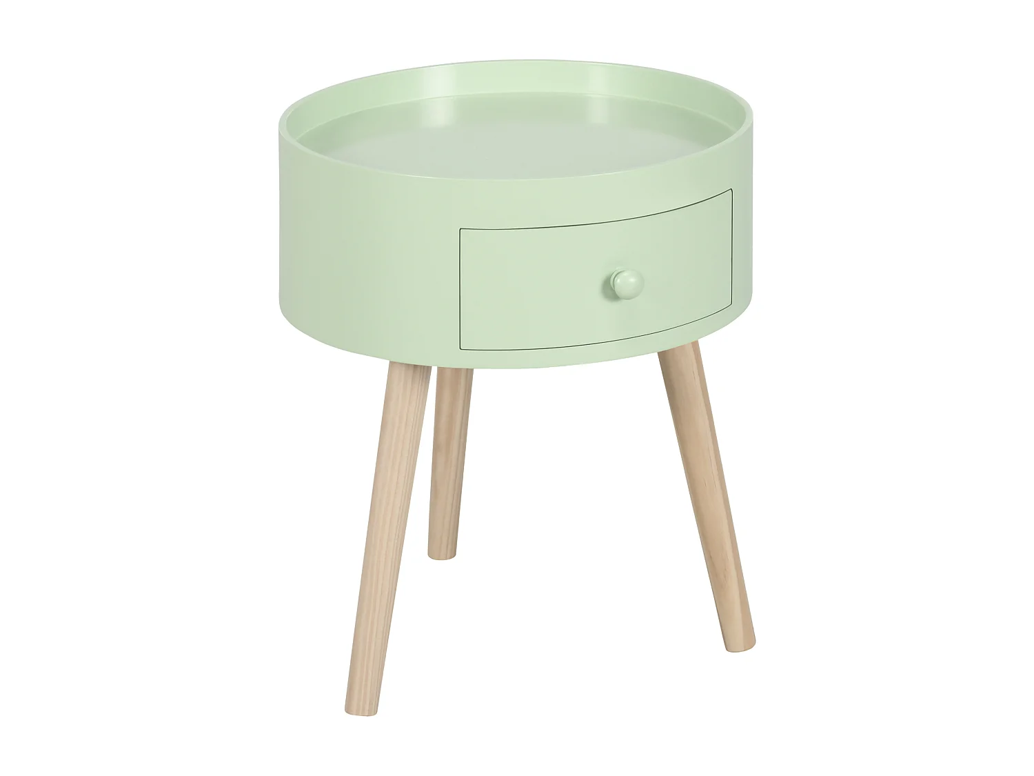 Chevet table de nuit ronde design scandinave tiroir bicolore pieds effilés inclinés bois massif chêne clair vert