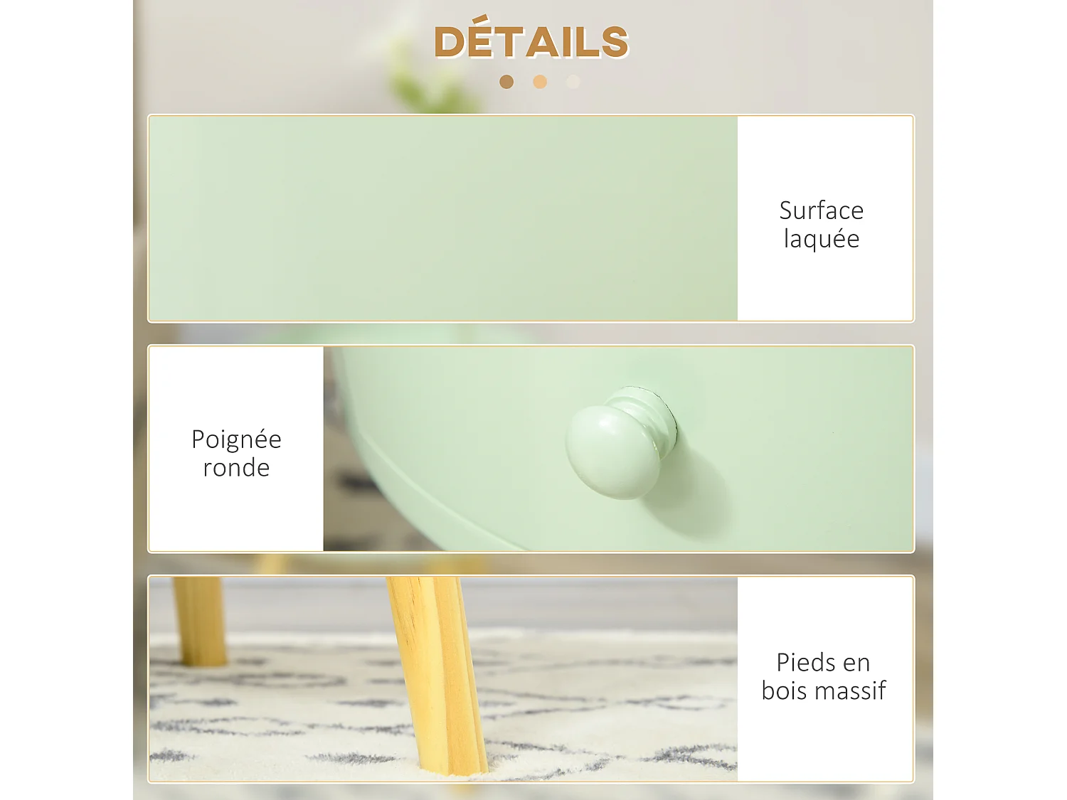 Chevet table de nuit ronde design scandinave tiroir bicolore pieds effilés inclinés bois massif chêne clair vert