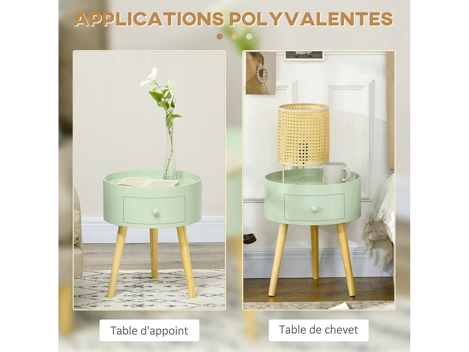 Chevet table de nuit ronde design scandinave tiroir bicolore pieds effilés inclinés bois massif chêne clair vert