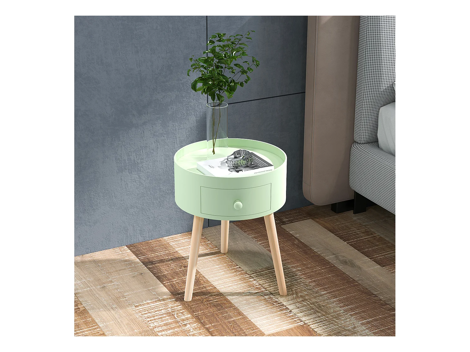 Chevet table de nuit ronde design scandinave tiroir bicolore pieds effilés inclinés bois massif chêne clair vert