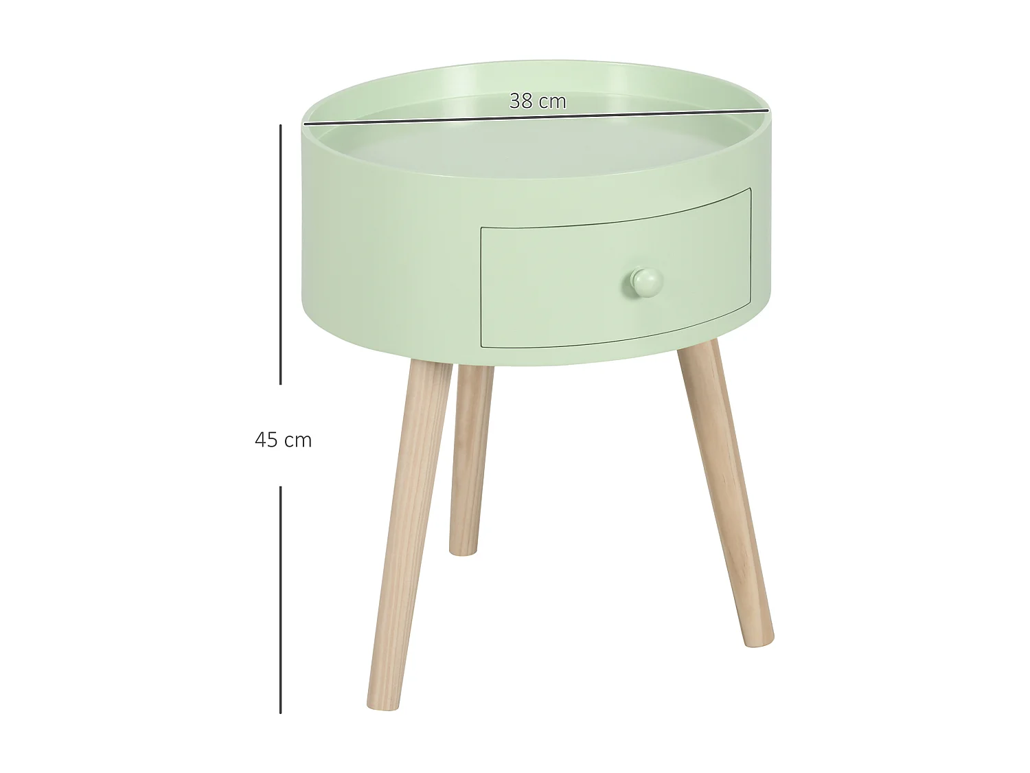 Chevet table de nuit ronde design scandinave tiroir bicolore pieds effilés inclinés bois massif chêne clair vert