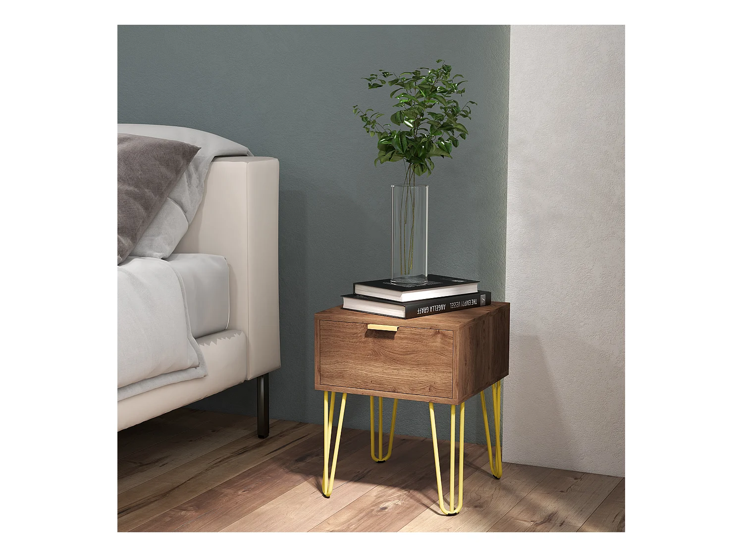 Table de chevet table de nuit avec tiroir table d'appoint - pieds en épingle à cheveux acier doré - dim. 39,5L x 41l x 49H cm marron