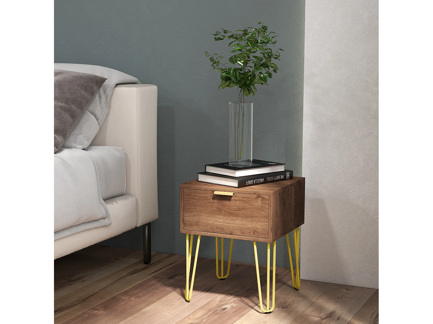 Table de chevet table de nuit avec tiroir table d'appoint - pieds en épingle à cheveux acier doré - dim. 39,5L x 41l x 49H cm marron