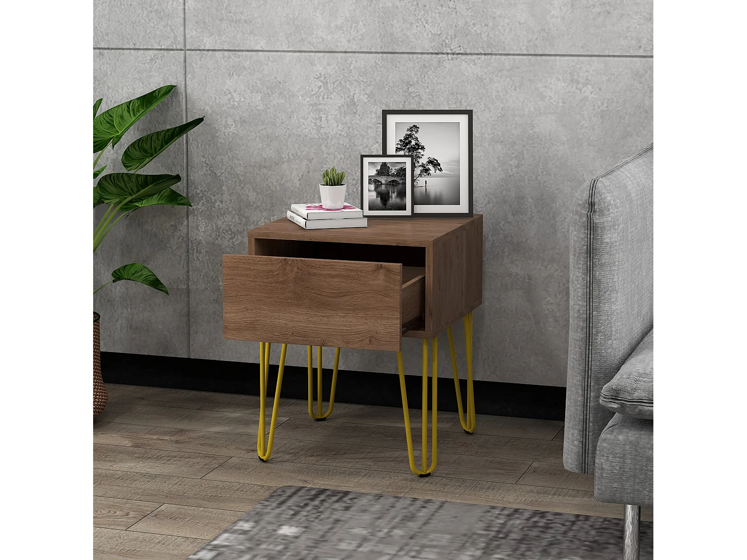 Table de chevet table de nuit avec tiroir table d'appoint - pieds en épingle à cheveux acier doré - dim. 39,5L x 41l x 49H cm marron