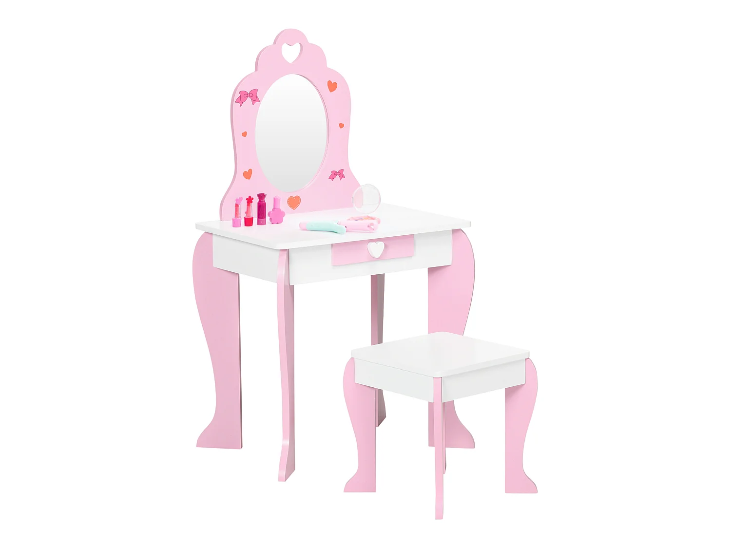 Coiffeuse enfant design girly motif coeur - tiroir, miroir, tabouret inclus - MDF - blanc rose