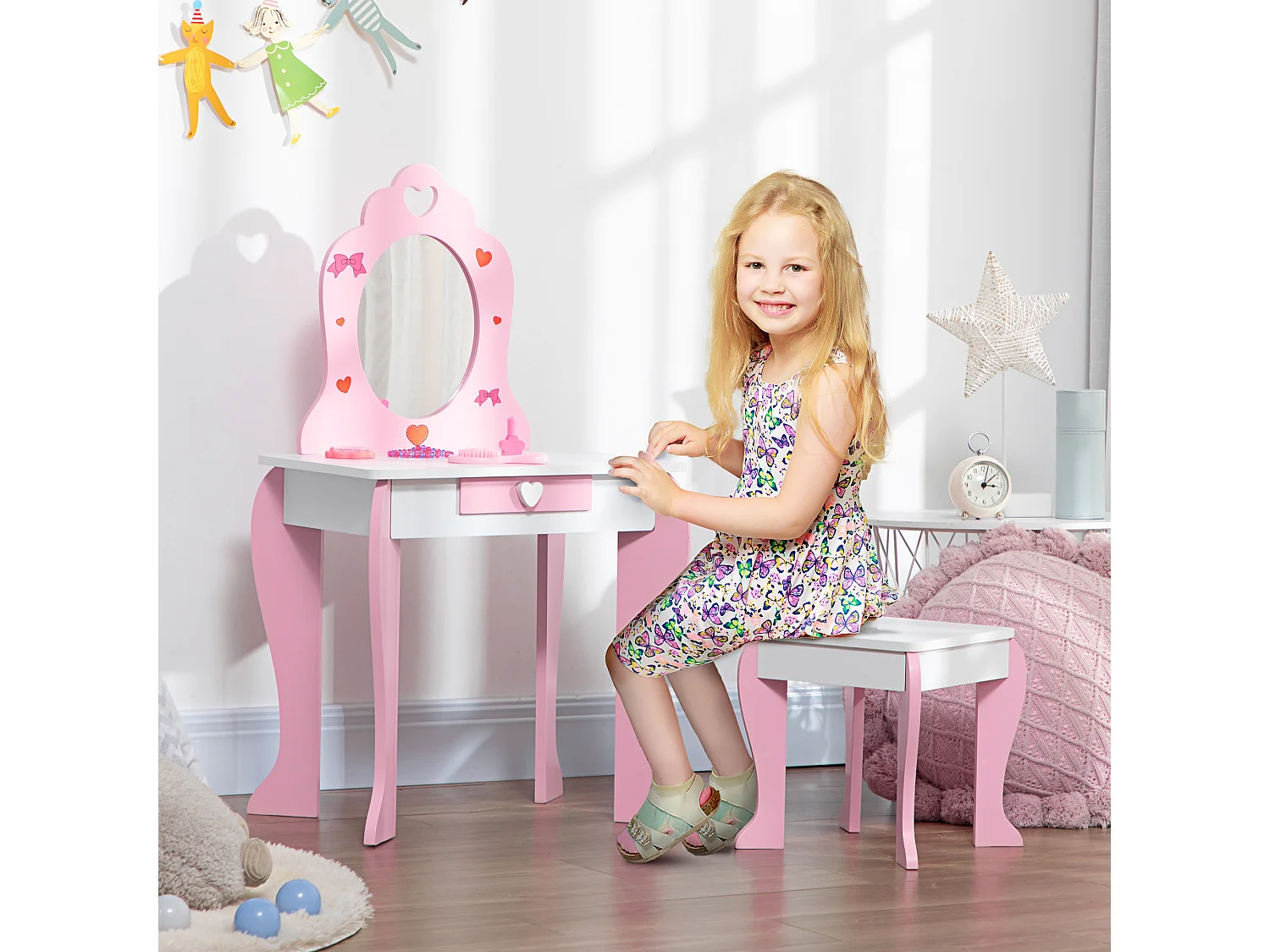 Coiffeuse enfant design girly motif coeur - tiroir, miroir, tabouret inclus - MDF - blanc rose