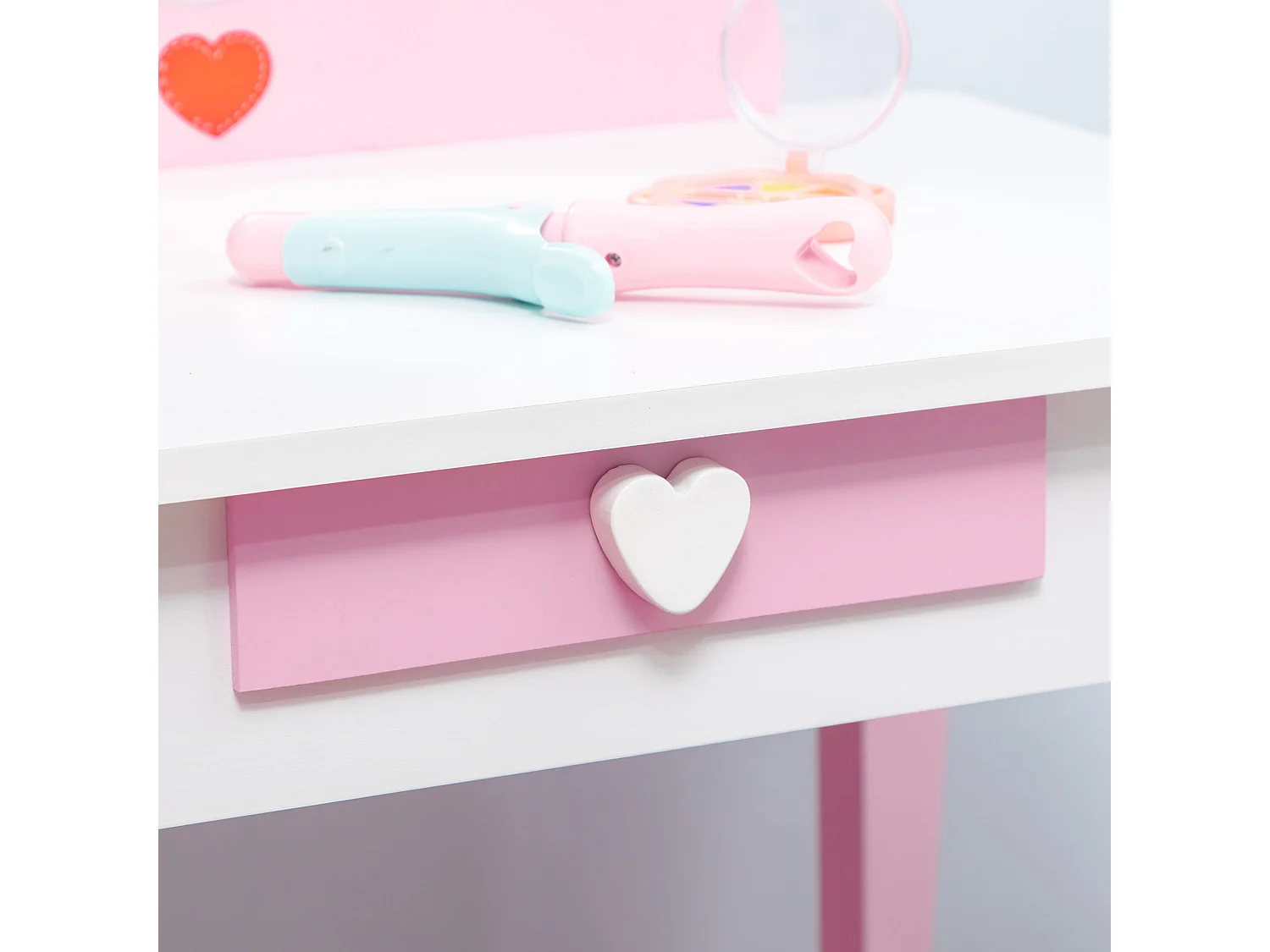 Coiffeuse enfant design girly motif coeur - tiroir, miroir, tabouret inclus - MDF - blanc rose
