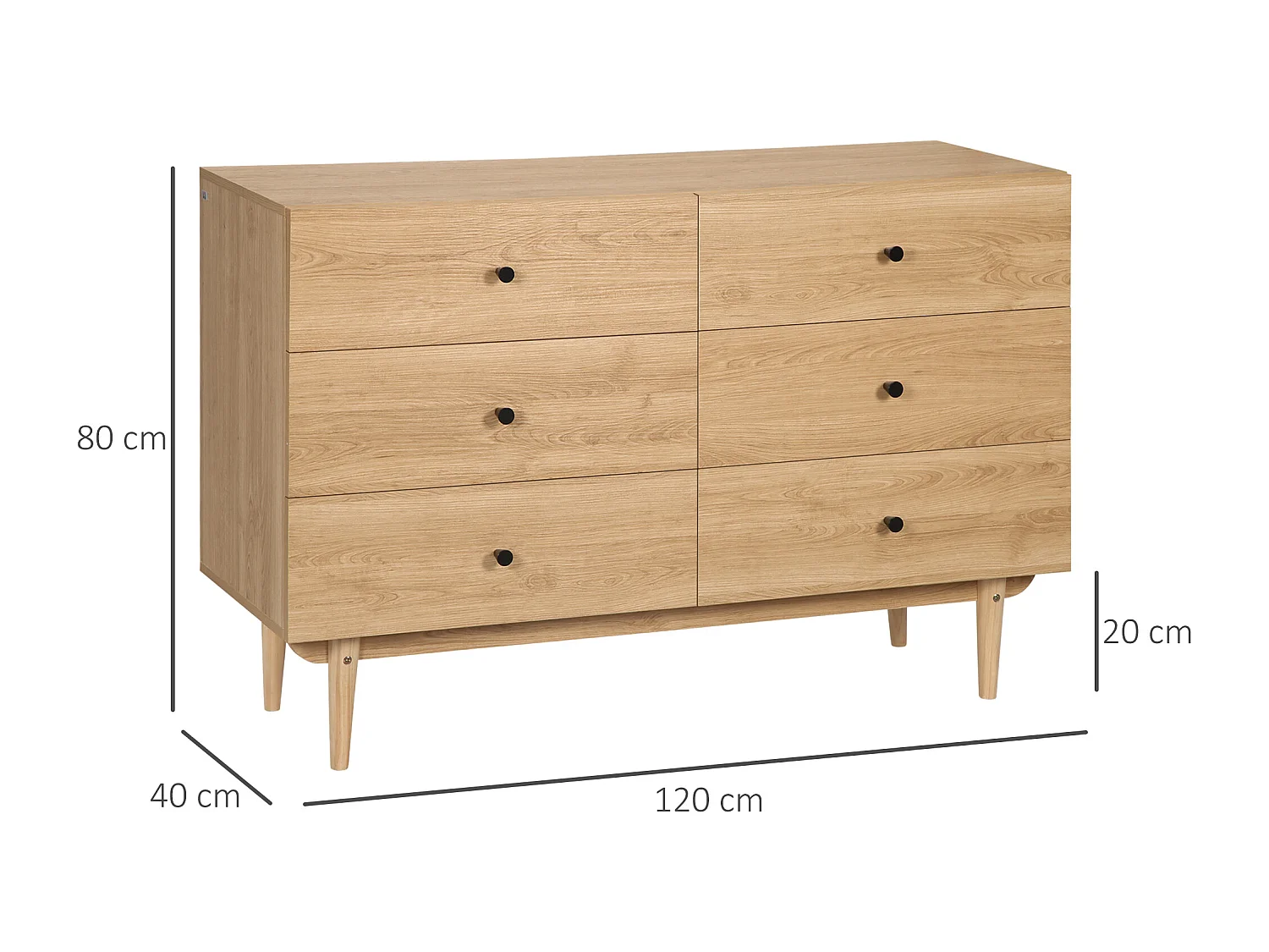 Commode vintage 6 tiroirs coulissants piètement bois de pin panneaux aspect bois de teck