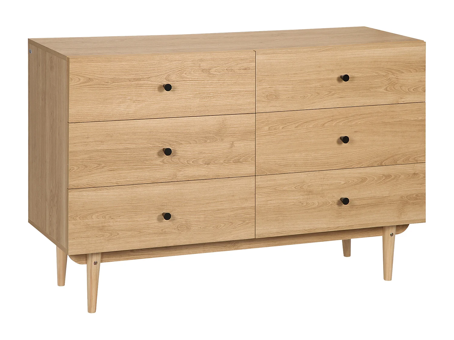 Commode vintage 6 tiroirs coulissants piètement bois de pin panneaux aspect bois de teck