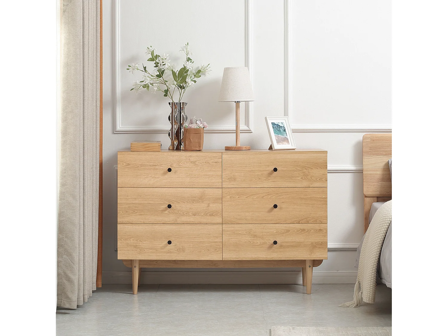 Commode vintage 6 tiroirs coulissants piètement bois de pin panneaux aspect bois de teck