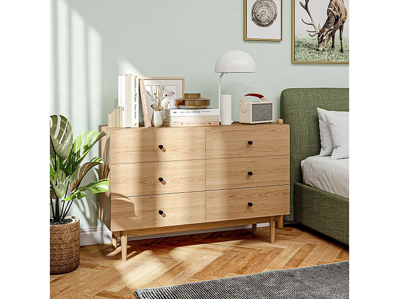 Commode vintage 6 tiroirs coulissants piètement bois de pin panneaux aspect bois de teck