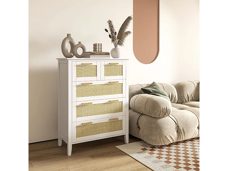 Commode 5 tiroirs cannage en rotin dim. 77L x 37l x 104H cm MDF blanc bois de pin