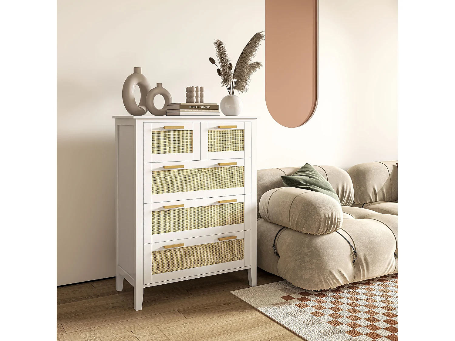 Commode 5 tiroirs cannage en rotin dim. 77L x 37l x 104H cm MDF blanc bois de pin