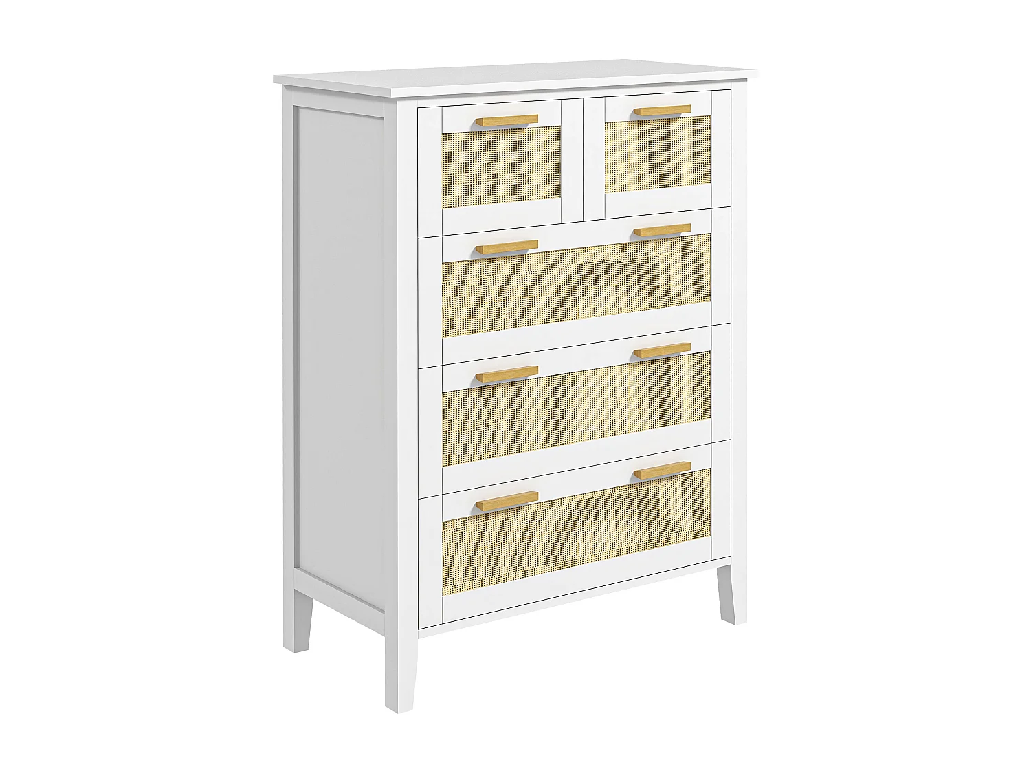 Commode 5 tiroirs cannage en rotin dim. 77L x 37l x 104H cm MDF blanc bois de pin