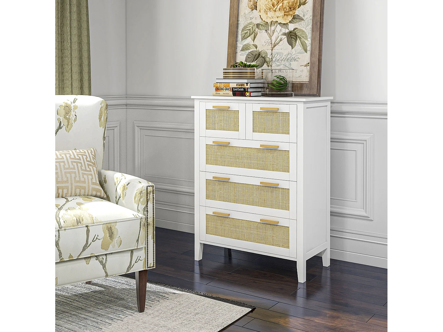 Commode 5 tiroirs cannage en rotin dim. 77L x 37l x 104H cm MDF blanc bois de pin