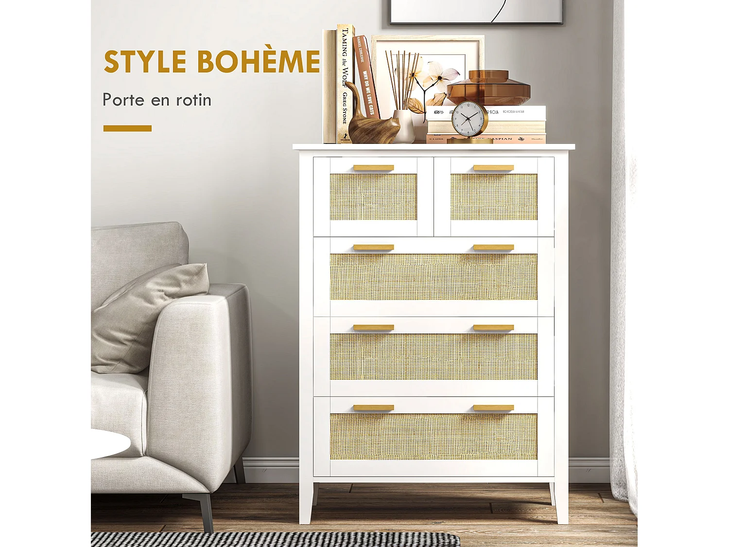 Commode 5 tiroirs cannage en rotin dim. 77L x 37l x 104H cm MDF blanc bois de pin