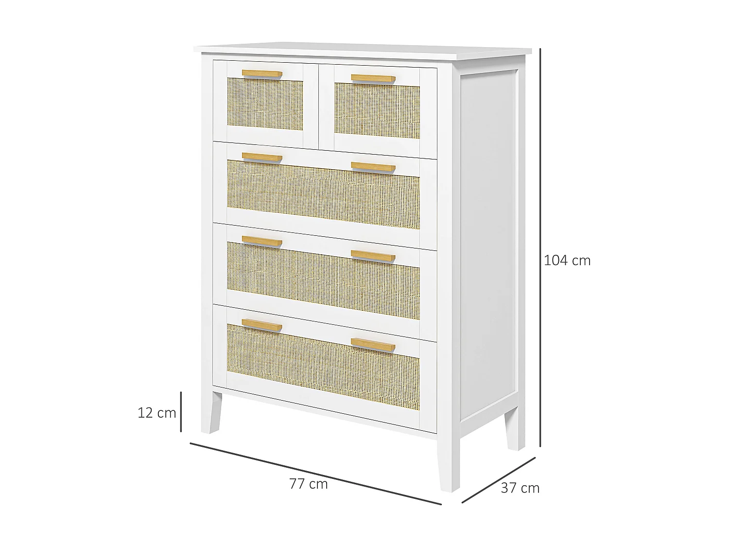 Commode 5 tiroirs cannage en rotin dim. 77L x 37l x 104H cm MDF blanc bois de pin