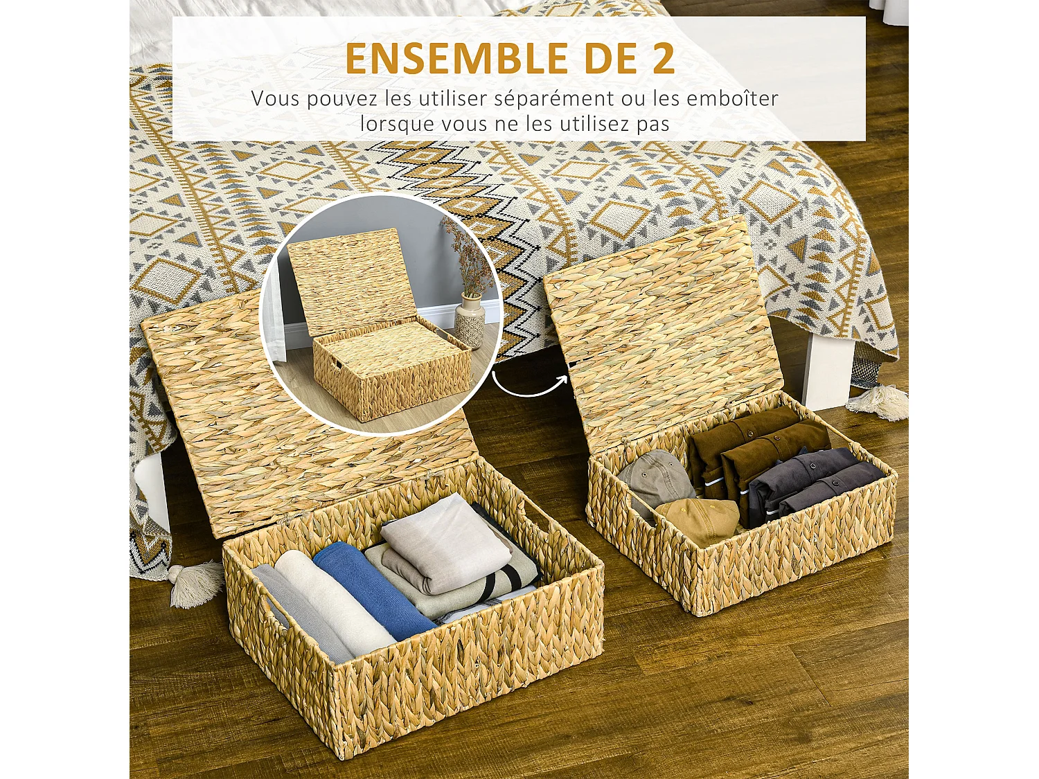 HOMCOM BOITE DE RANGEMENT - BAC DE RANGEMENT Lot de 2 en jacinthe d'eau avec couvercle - 2