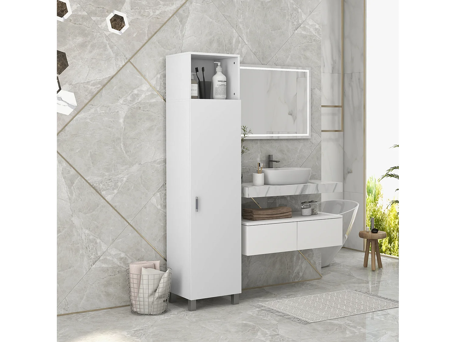 Armoire colonne meuble de rangement avec niche supérieure et placard 3 étagères intérieures - 40 x 35 x 177 cm - blanc
