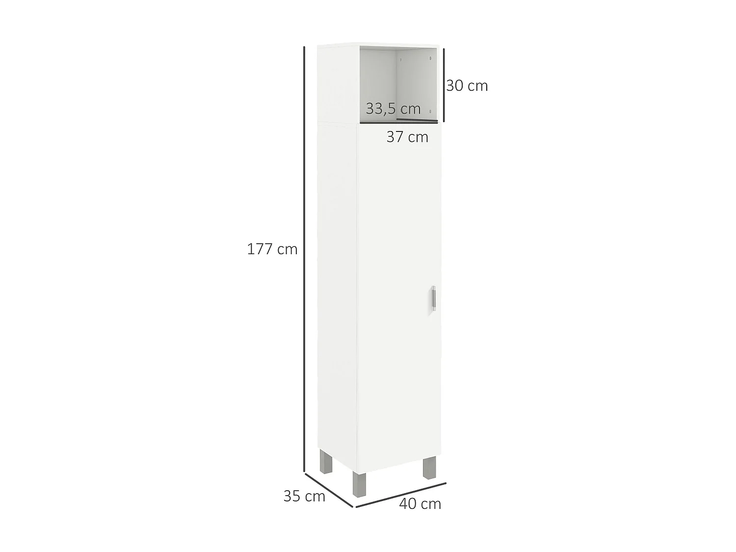 Armoire colonne meuble de rangement avec niche supérieure et placard 3 étagères intérieures - 40 x 35 x 177 cm - blanc