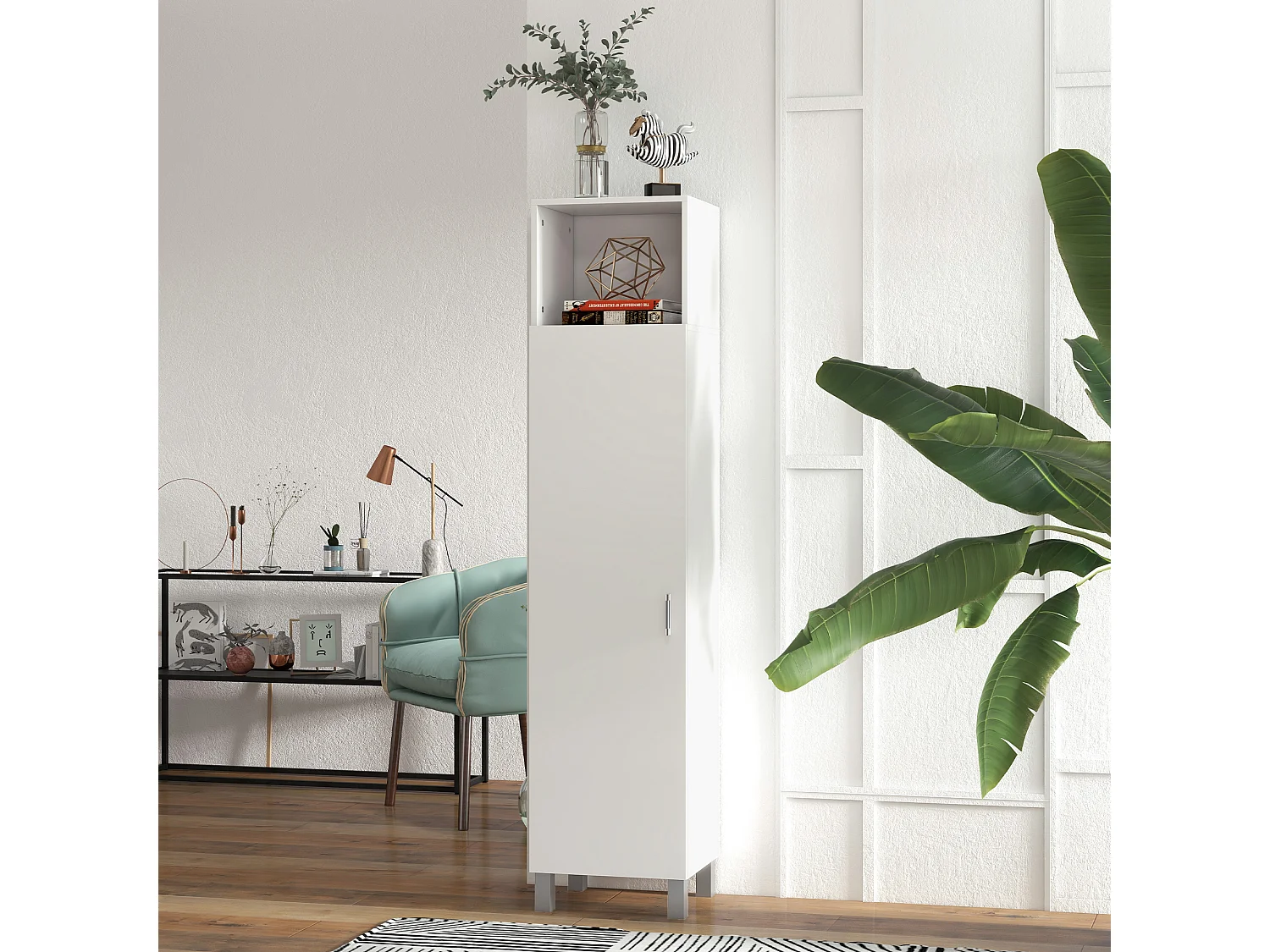 Armoire colonne meuble de rangement avec niche supérieure et placard 3 étagères intérieures - 40 x 35 x 177 cm - blanc