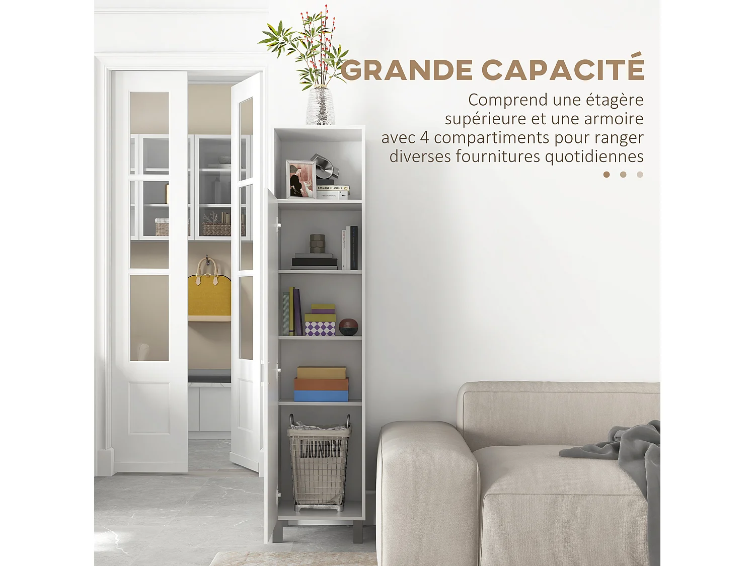 Armoire colonne meuble de rangement avec niche supérieure et placard 3 étagères intérieures - 40 x 35 x 177 cm - blanc