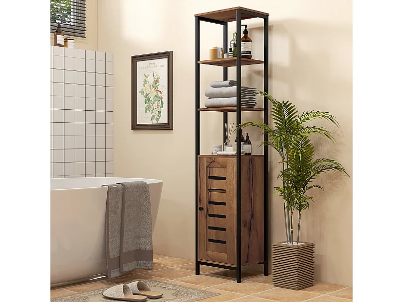 Meuble colonne rangement salle de bain style cosy dim. 37L x 30l x 167H cm 3 étagères porte ajourée acier noir aspect bois