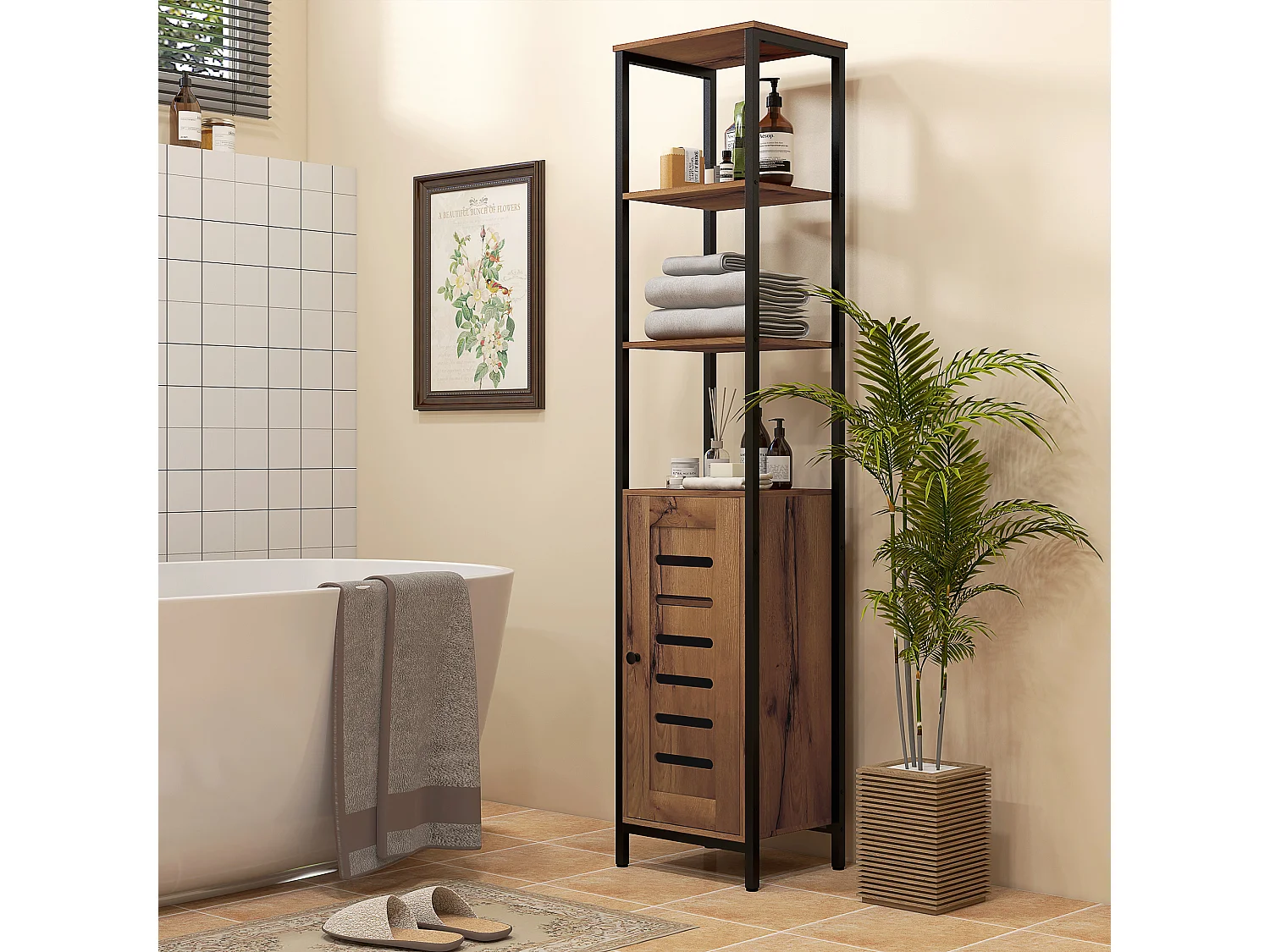Meuble colonne rangement salle de bain style cosy dim. 37L x 30l x 167H cm 3 étagères porte ajourée acier noir aspect bois