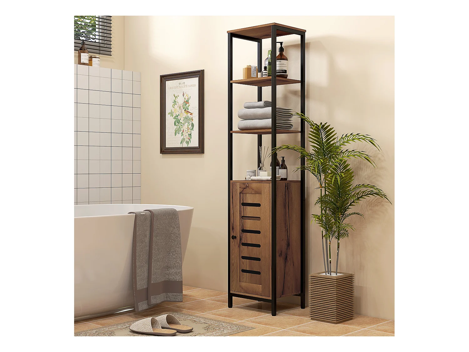 Meuble colonne rangement salle de bain style cosy dim. 37L x 30l x 167H cm 3 étagères porte ajourée acier noir aspect bois